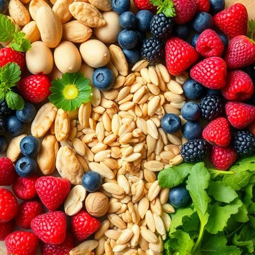 An arrangement of various superfoods, including berries, nuts, seeds, and leafy greens.