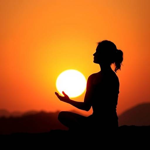 Silhouette of a person meditating peacefully at sunset, representing mental health